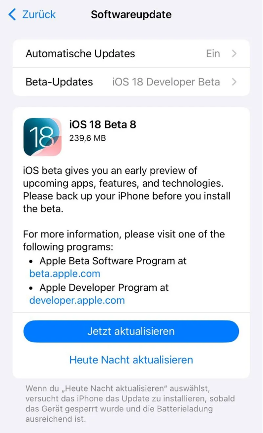 喜德苹果手机维修分享苹果 iOS / iPadOS 18 开发者预览版 Beta 8 发布 